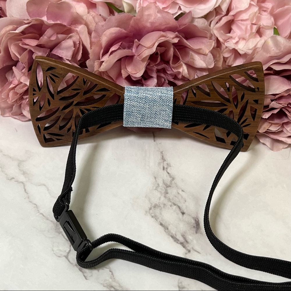 Handmade Wood Butterfly Bow Tie Cufflinks Blue Pocket Square & Boutonnière Set - Picture 9 of 16
